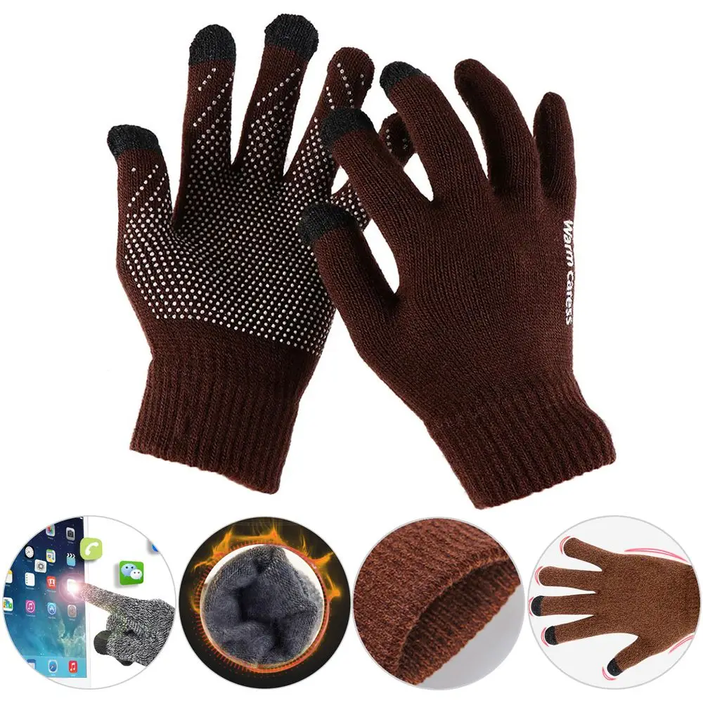 Men Women Touch Screen Gloves Winter Warm Stretch Wool Knitted Full Finger Mittens Non-slip Gloves