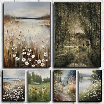 Vintage Countryside Wall Art Canvas Painting Retro Rustic Spring Flowers Natural Landscape Print Posters for Living Room Decor 1