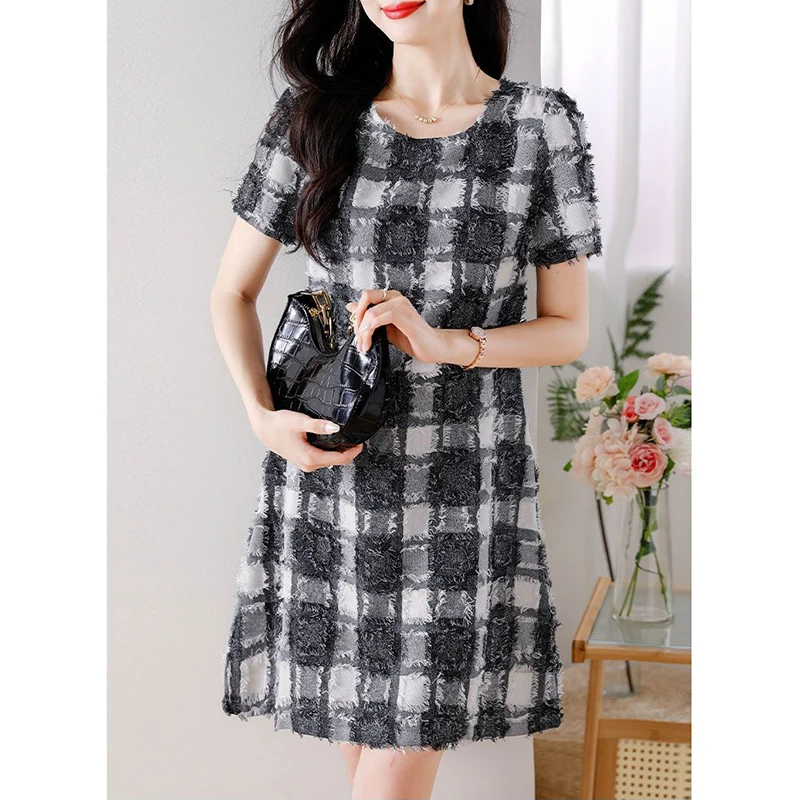 Fashion O-Neck Loose Plaid Short Sleeve Dress Women's Clothing 2024 Summer New Short Sleeve Office Lady Princess Dress