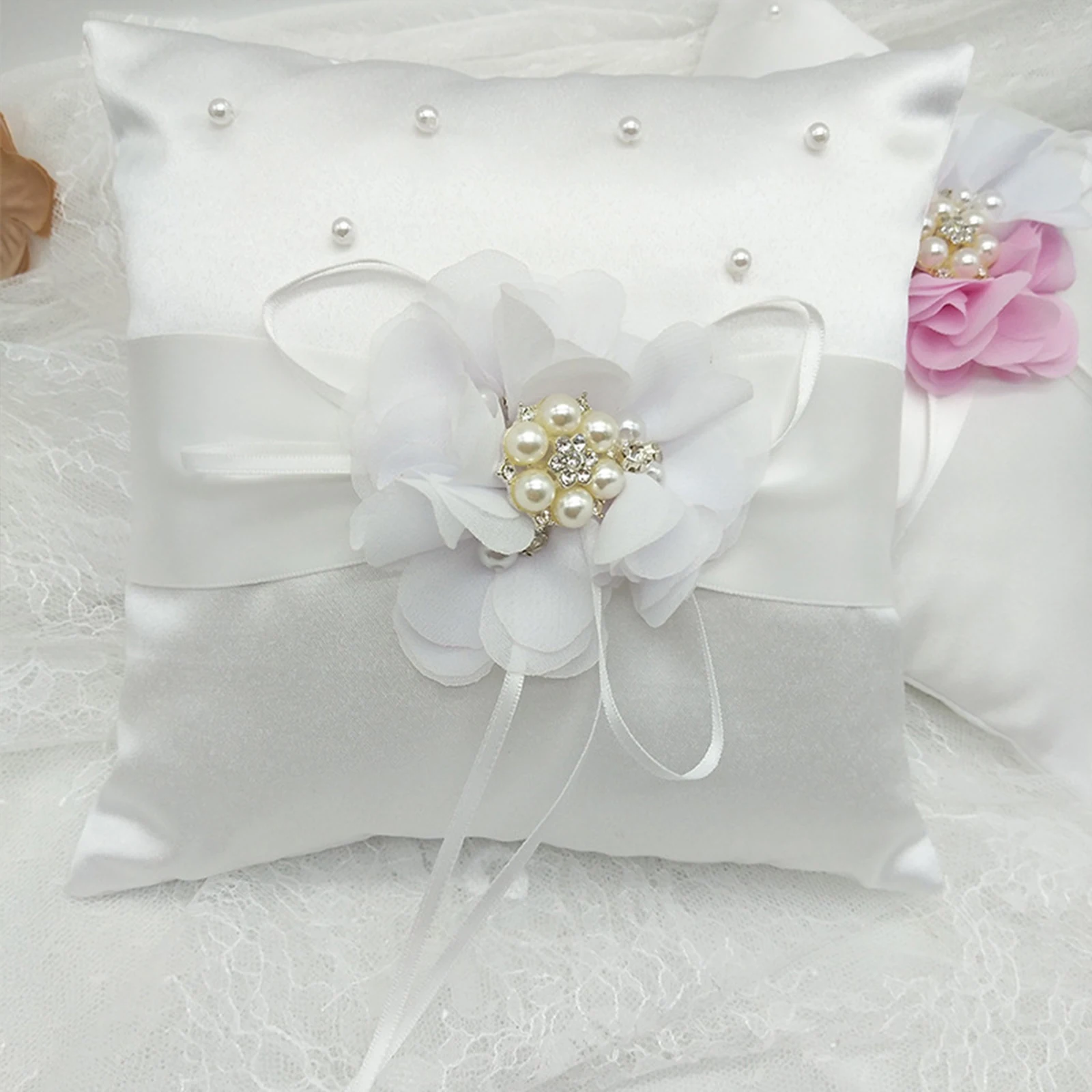 

Ring Pillow Wedding Bridal Party Decoration Cushion Decor With Flowers White Pink Purple Dark Blue 20*20cm Romantic