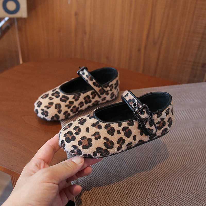 Girls Leather Ballet Flats Shoes Animal Prints Soft Sole