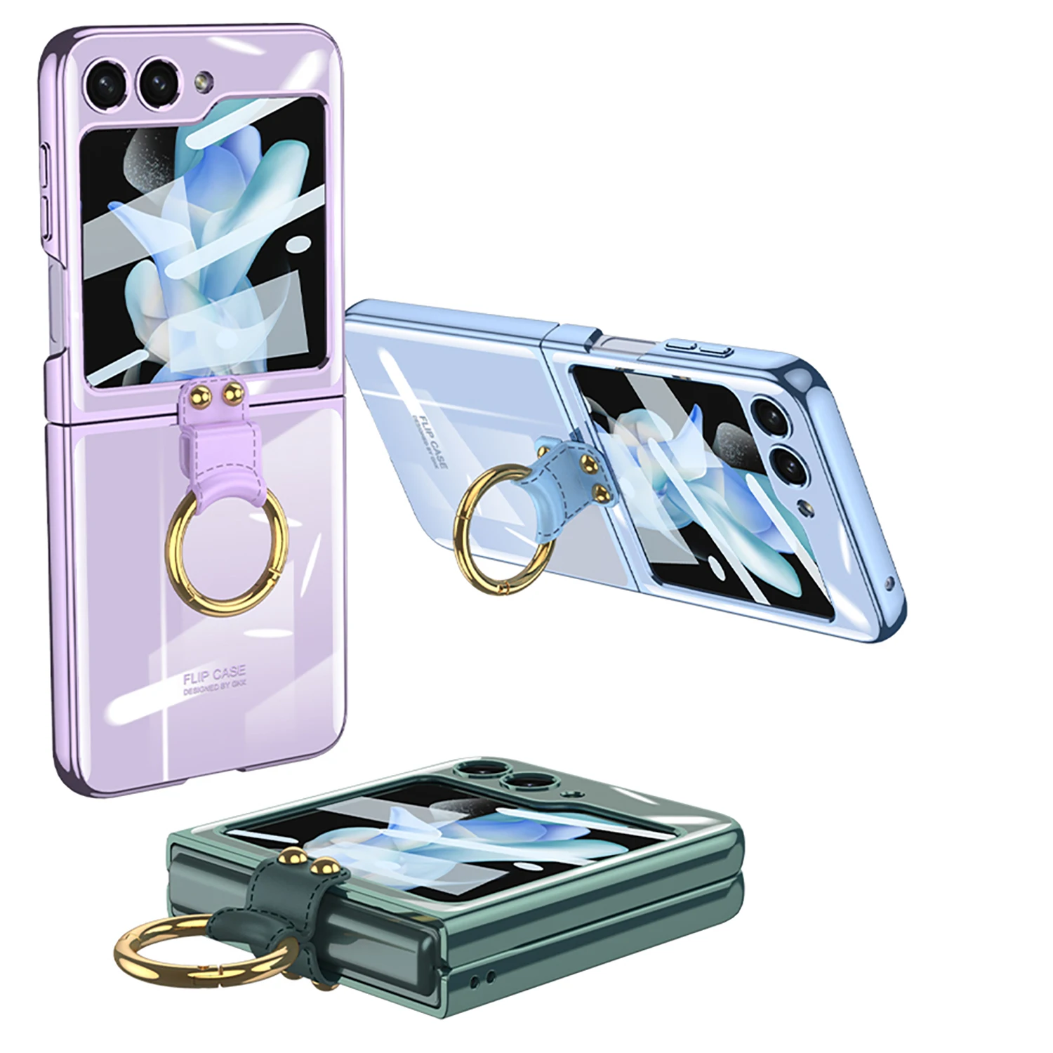 For Samsung Galaxy Z Flip 5 Case Electroplated Ultra-thin Transparent Ring Bracket Folding Shockproof With Mirror Film Hard Case