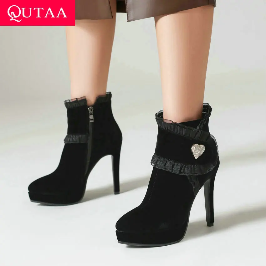 

QUTAA 2024 Pointed Toe Women Ankle Boots Flock Zipper Thin High Heels Office Lady Shoes Woman Autumn Winter Size 34-43