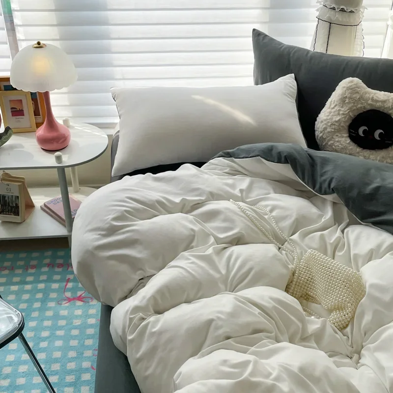 Cotton Bed Linen Solid Bedding Set with Sheet Duvet Cover Pillowcases Single Couple Bedsheet King Queen Double Twin Size 3
