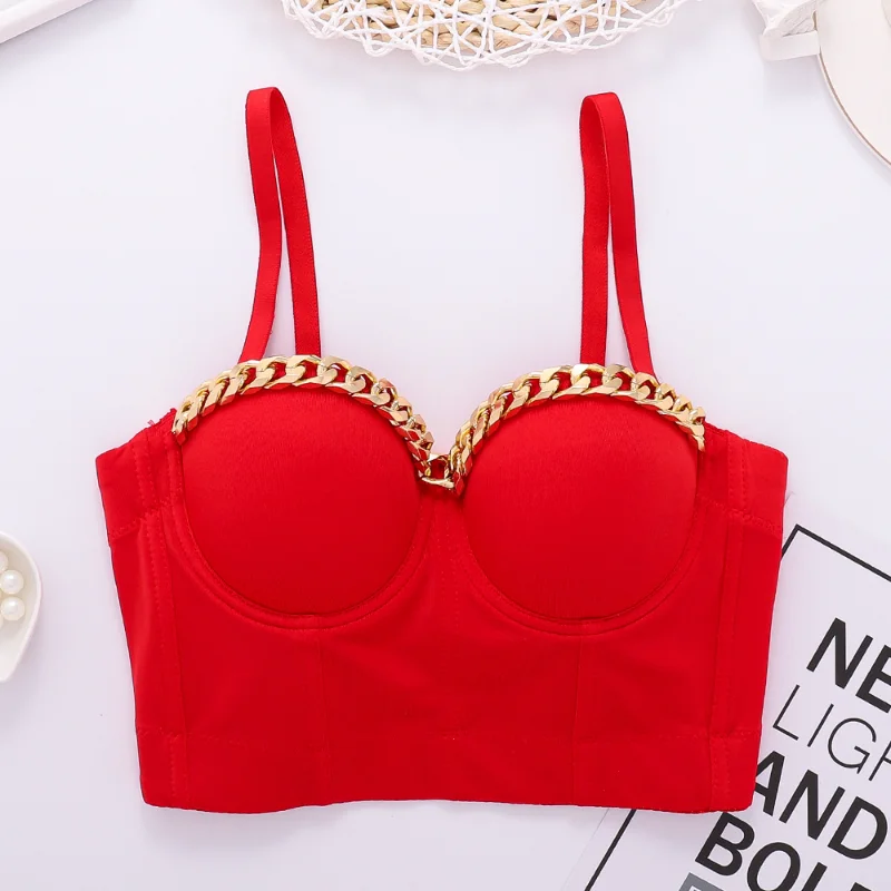 

Summer Tops Golden Chain Suspender Vest Female Hipster Exposed Navel Fishbone Tube Top Wearing Strip Camis Red Underwear Clothes