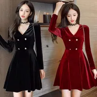 Women Spring Autumn Korean Fashion Solid Color Pleuche V-neck Long Sleeve Dresses Ladies All-match Temperament A-line Skirt 1