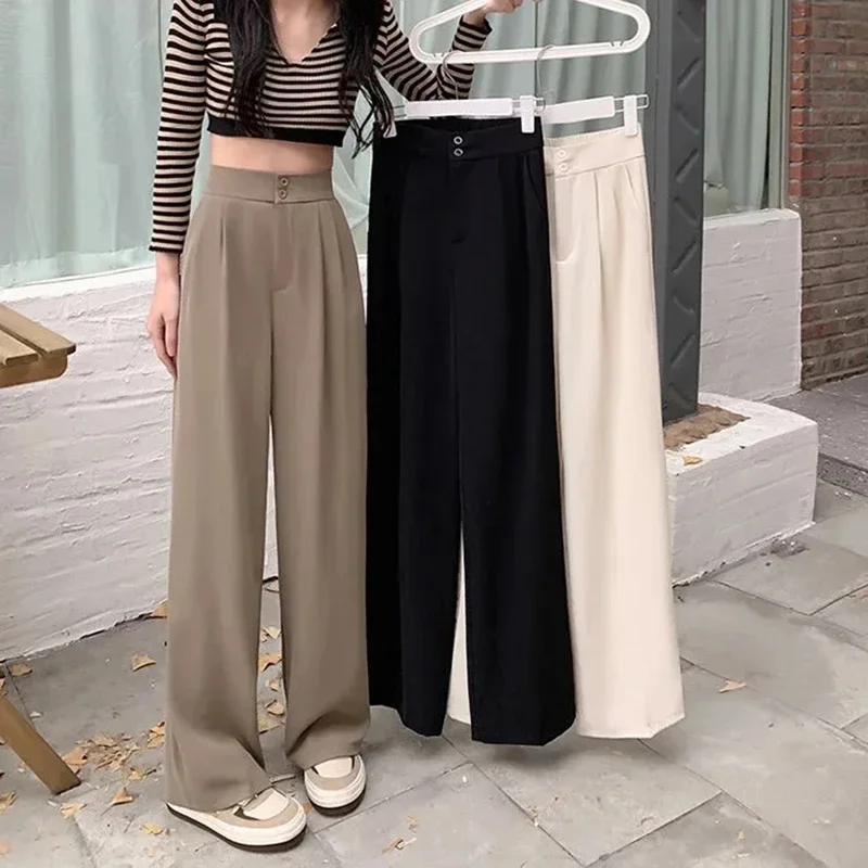 

Autumn Wide Leg Pants Women Korean Fashion High Waist Button Black Suit Pant Woman All-Match Loose Casual Slim Fit Trousers New
