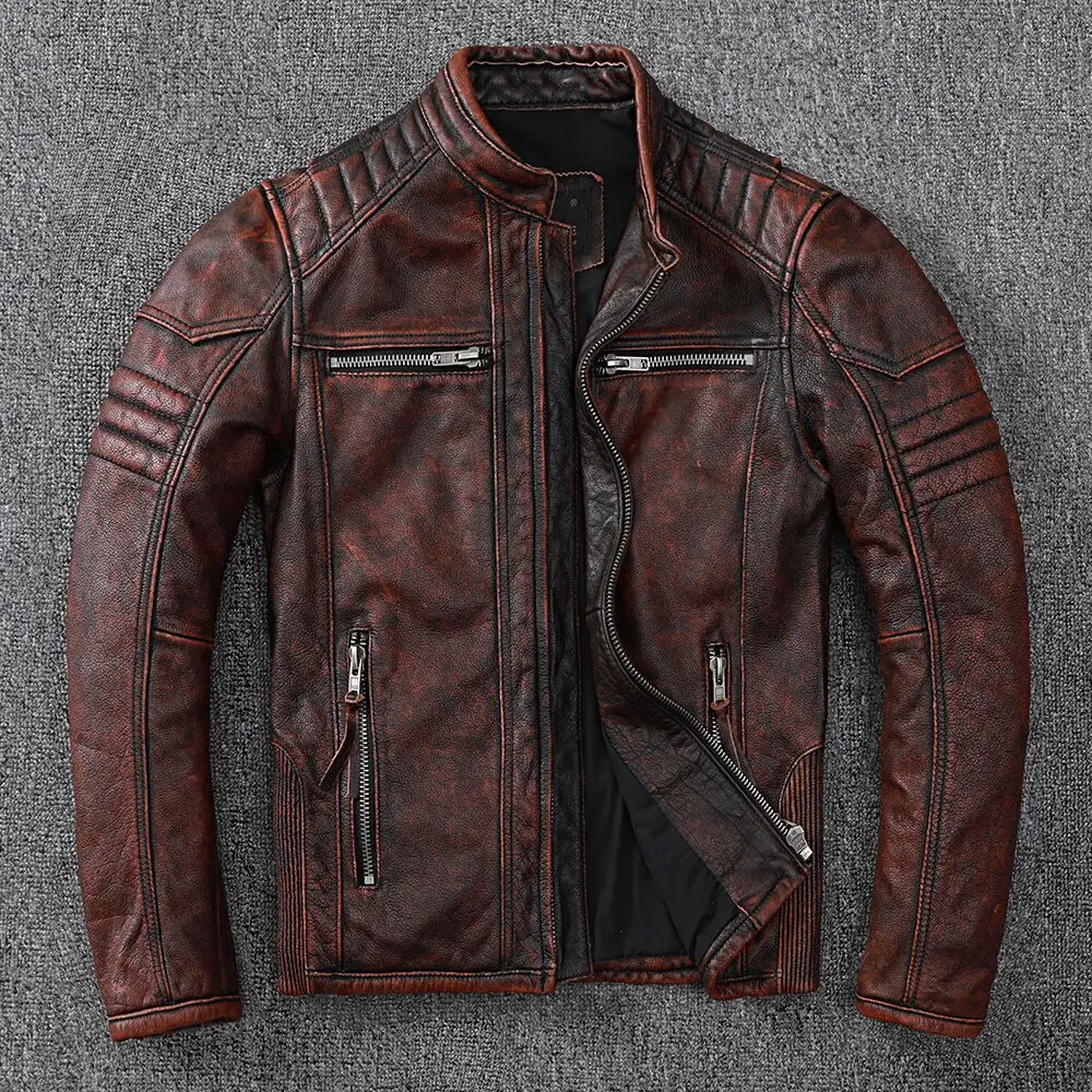

Vintage Motorcycle Jackets Men Leather Jacket 100% Genuine Cowhide Leather Coat Male Biker Clothing Autumn Asian Size S-5XL M696