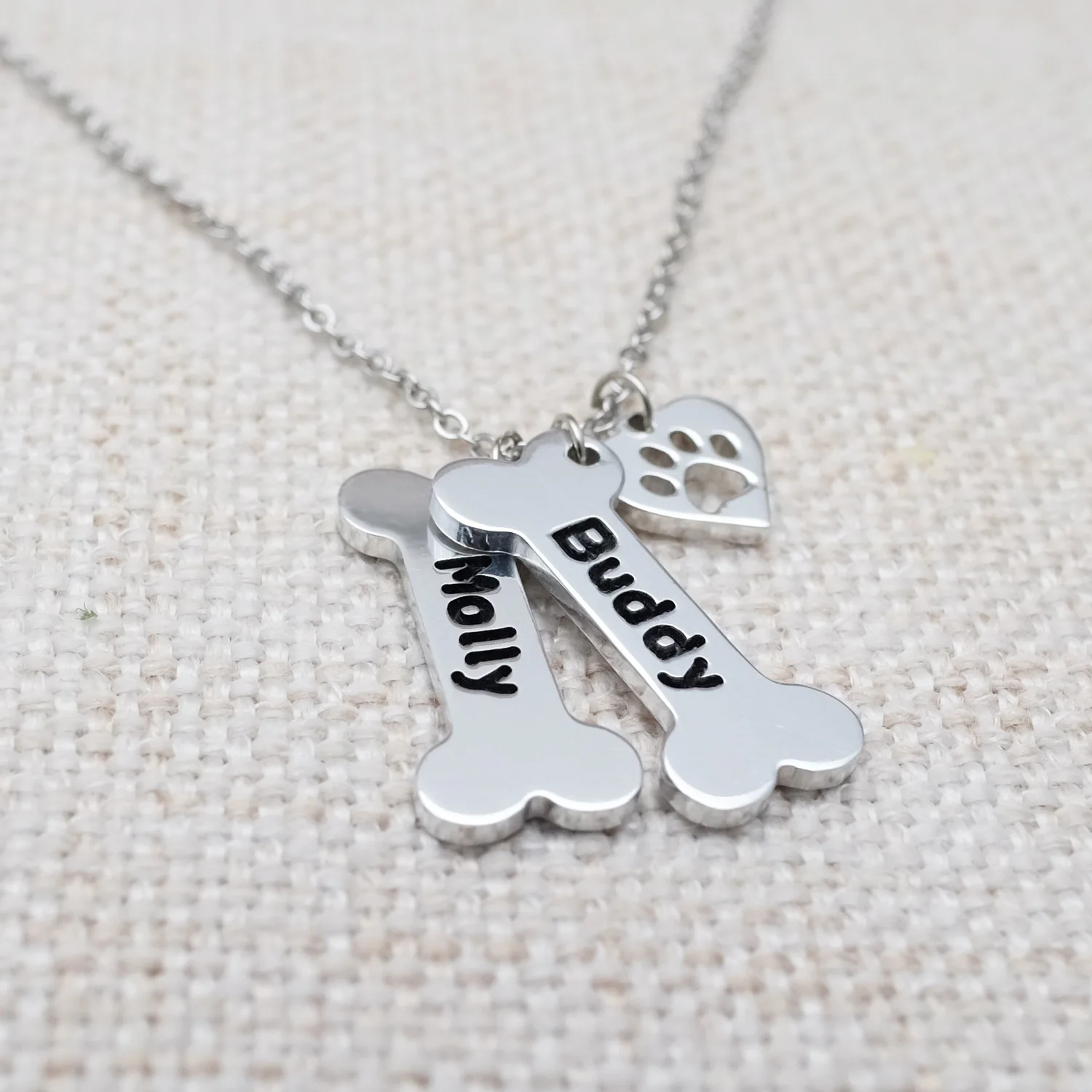 Personalized Dog Necklace Custom Names Dog Bone Necklace Pet Names Jewelry Paw Print Pendant Pet Memorial Gift Dog Lover Gift
