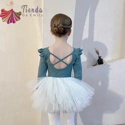 Girls Dance Clothes Kids Training Gauze Skirt Children's Ballet Wear Flying Sleeved Stage Performance Dress Solid Autumn Winter