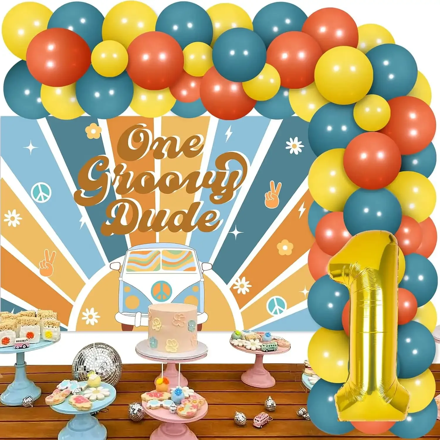 

FANGLELAND Groovy Baby 1st Birthday Decoration, Balloon Garland Kid Background Foil BalloonVintage Bohemian Theme Party Supplies