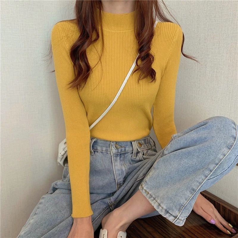 Autumn Mock Collar Long Sleeve Skinny Elastic Casual Tops Bottoming Sweater Women Basics Knitted Shirts Warm Knitwear Pullovers