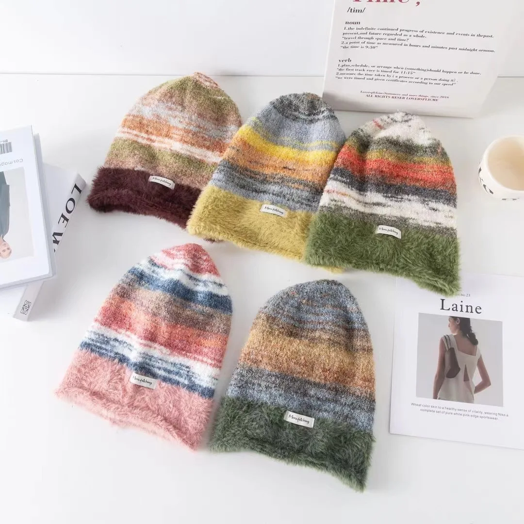 Japanese Color Blocked Pullover Hat Soft Warm Versatile Autumn And Winter Plush Cold Personalized Pile