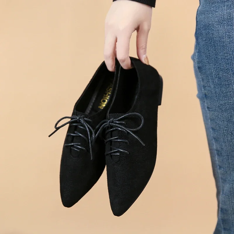 Fashion Pointed Shoes Female Shoes Daily Casual Shoes Classics Black Lace-Up Comfortable Flats Women's Flat Shoes 2022 Autumn