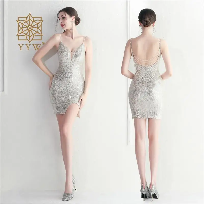 

Summer Glitter Sequins V Neck Women'S Dress Sexy Backless Fashion Beading Chain Straps Elegant Party Night Dresses Lady Vacation