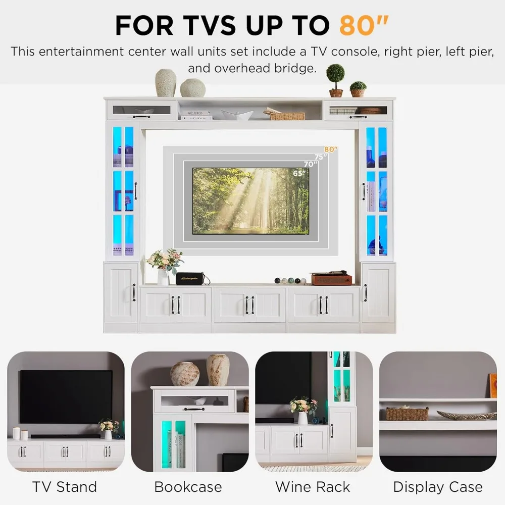 98" Wall Unit with LED Lights for TVs up to 80", Large Modern Wood Tall TVs Stand Console Table Storage Cabinet, TV Stand 6