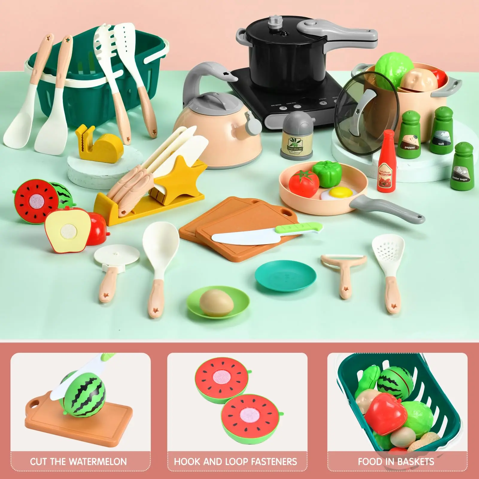 Kids Play Food Set Toy with Pots Pans and Cookware Utensils,Cooking Cutting Learning Gift for Girls Boys