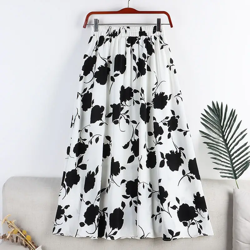 

Fashion Floral Skirt Women Summer Elegant Elastic High-waisted A Line Skirts Female Korean Style Mid-length Pleated Faldas Mujer