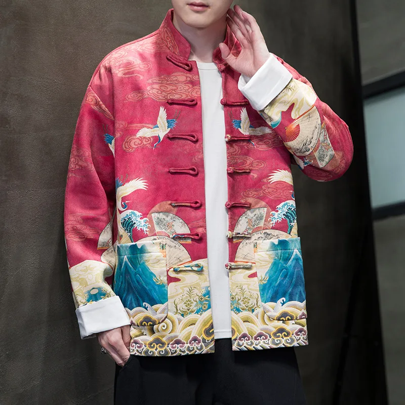 Large Size Male Tang Suit Top Coat Print Crane Jacket New Chinese Tradition Button Up Men Clothing Suede Fabric Uniform Blouse