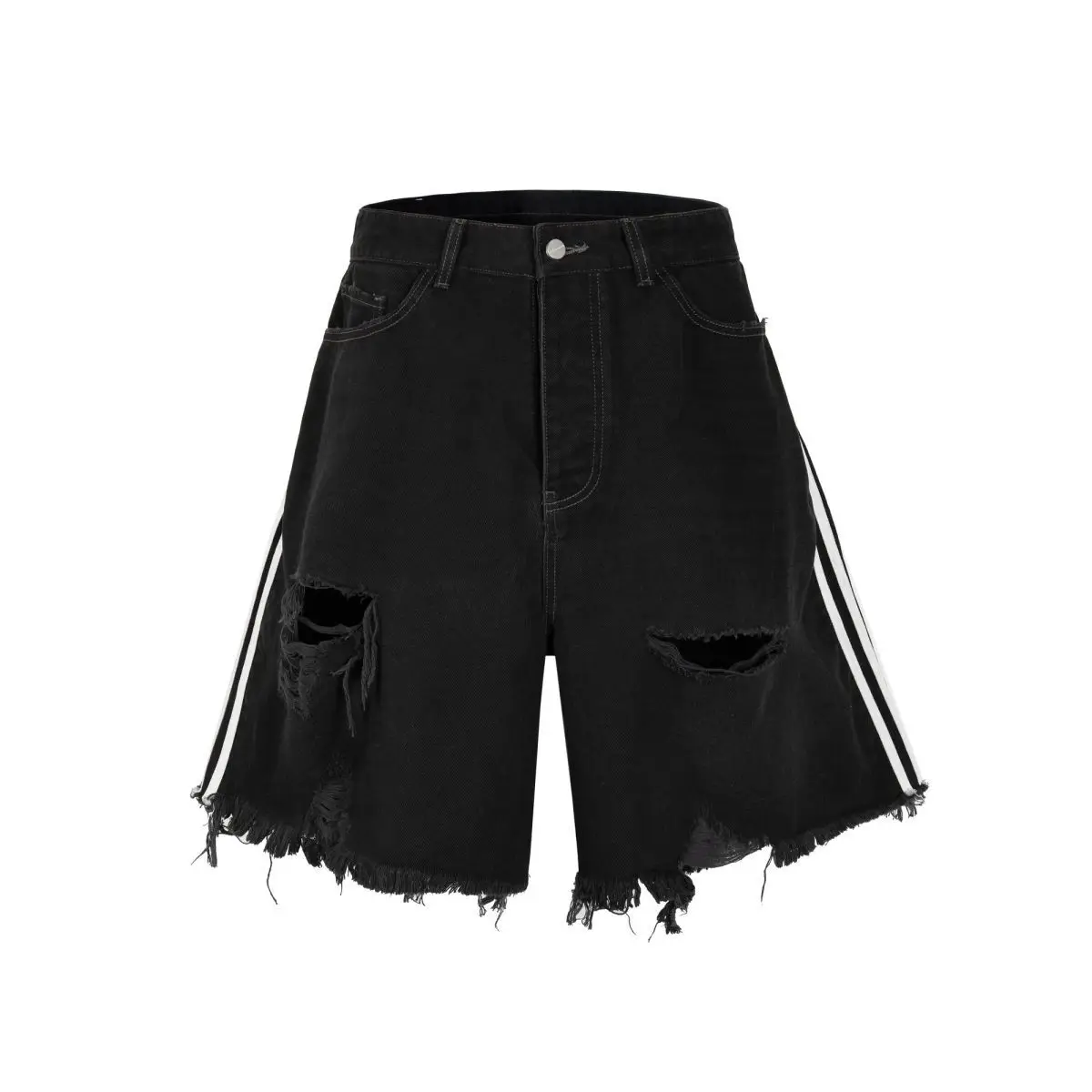 Black Hip-hop Hole Beggar Jeans Shorts Men's American Street Washed Old Loose Five-part Pants Streetwear Men Y2k Clothes Pants