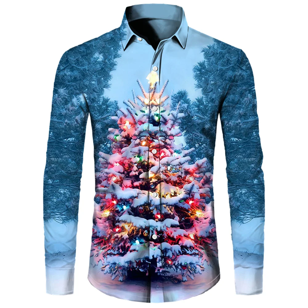 2024 Christmas Shirt Men's Shirt Christmas Tree Pattern Button Long sleeved Shirt Party Men's Comfortable Soft Fabric Top