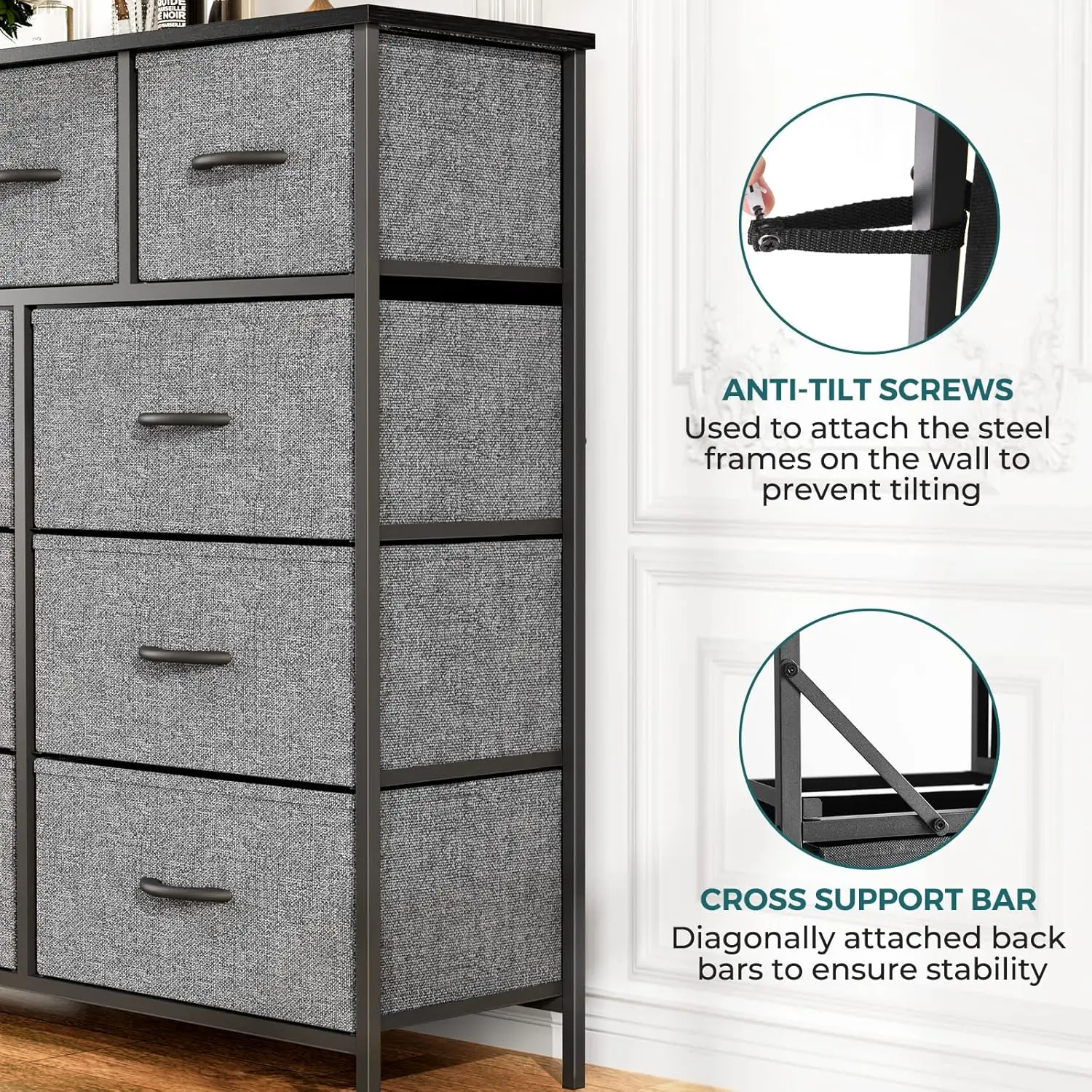 9-Drawer Dresser TV Stand with Metal Frame & Wood Top, Media Console for TVs up to 45", Bedroom/Living Room - Classic Grey