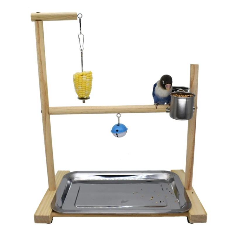 Bird Cage Play Stand Toy Wood Stands Hanging Bell Feeder Parrot Perch Playground Activity Center with Feeding Cups |