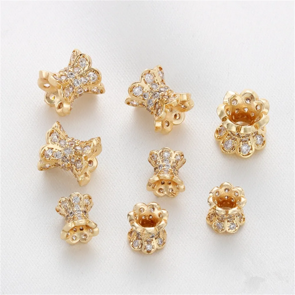 

14K gold with zirconia double-sided trumpet flower holder barrel beads spacer bead holder pendant diy jewelry accessories