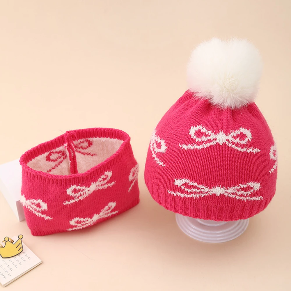 Winter Baby Hat Scarf Set Jacquard Bow Plush Warm Caps Sweet Girls Infant Beaines For Kids 6-36 Month
