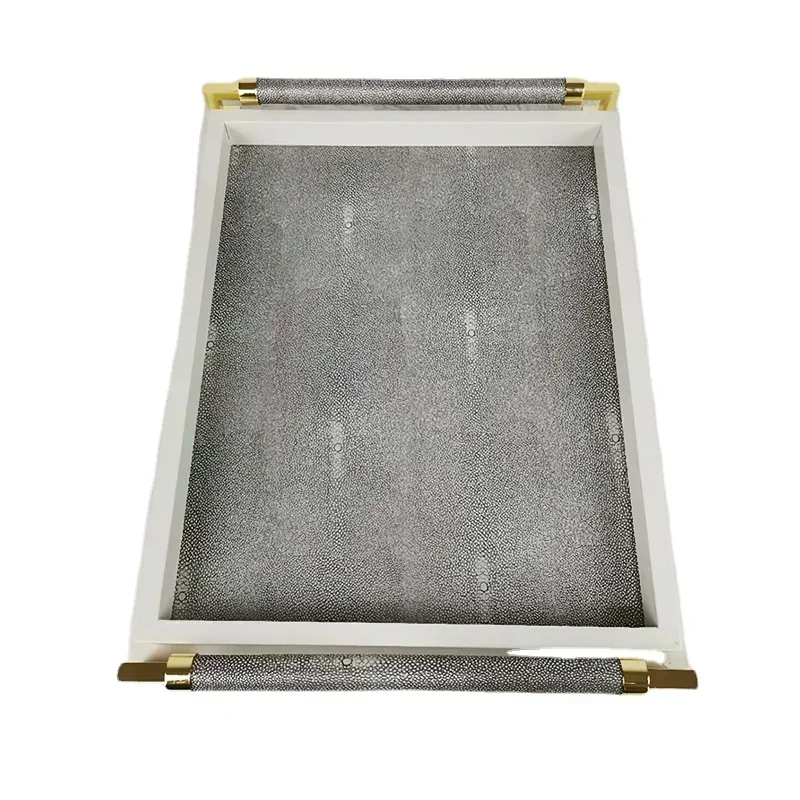 Storage Wooden Tray Leather Plate European Gray Metal Tray Rectangle with Handle Home Hotel Storage Ornaments Serving Plate 2