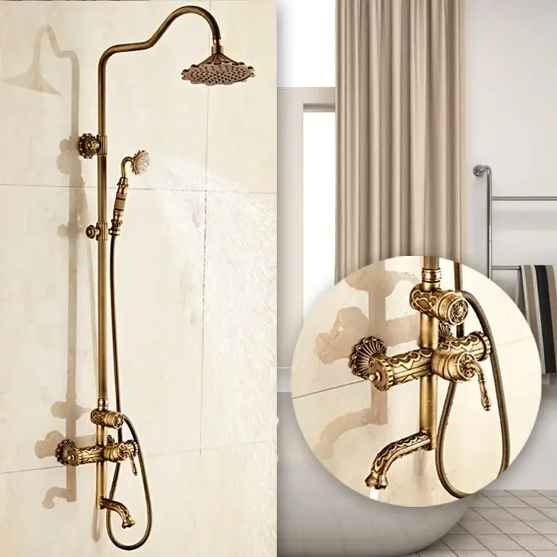 Antique Brass Carving Rainfall Shower Set Faucet Mixer Tap With Tub Bath &Set Bathtub