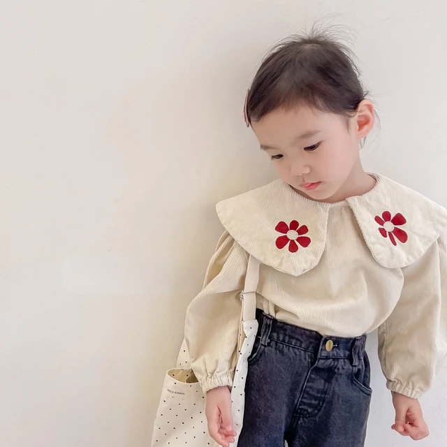 2023 Girls Autumn thick cute floral embroidery collar blouses baby
