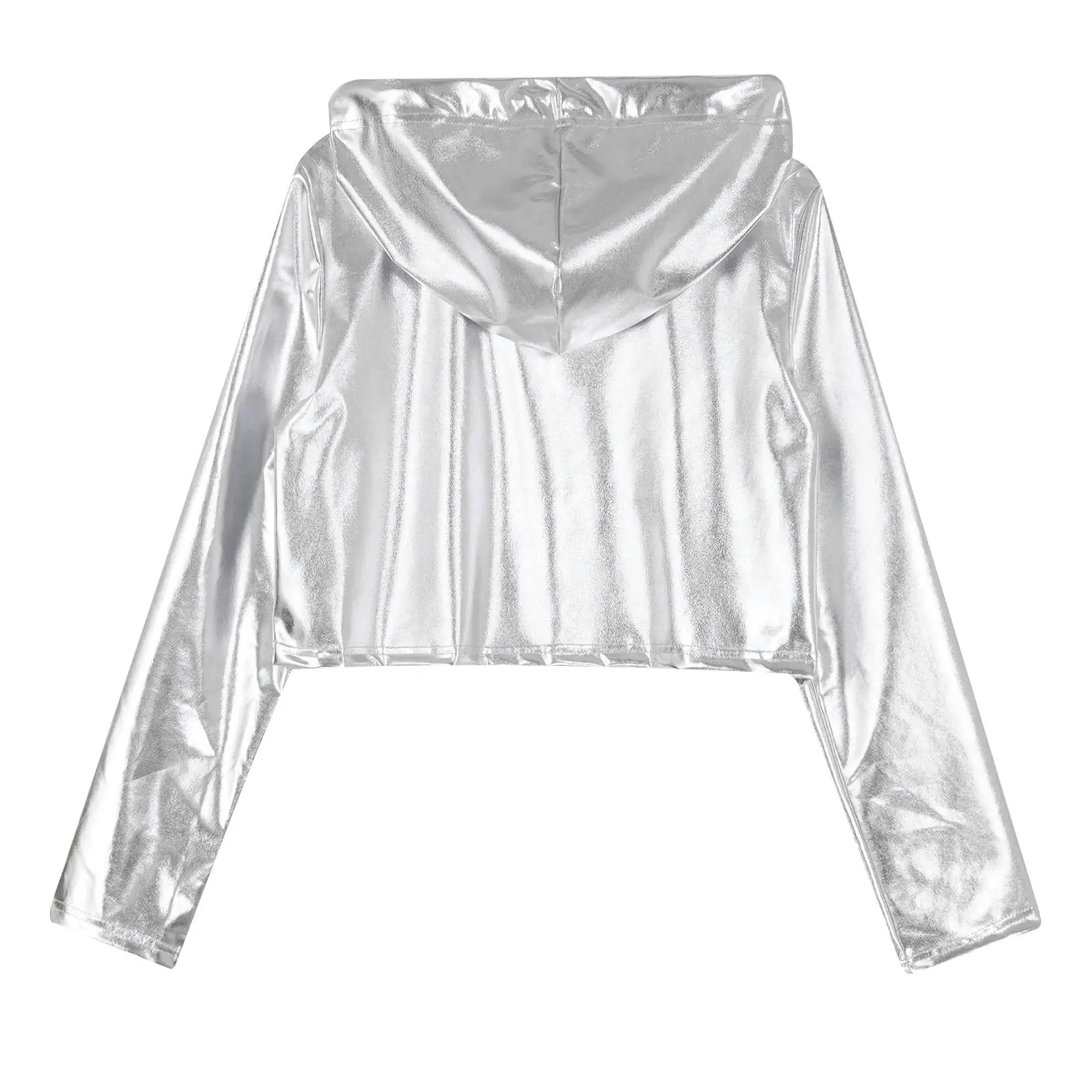 Womens Metallic Holographic Hoodies Fashion Long Sleeve Drawstring Hooded Crop Top Pullovers Rave Party Disco Dance Streetwear
