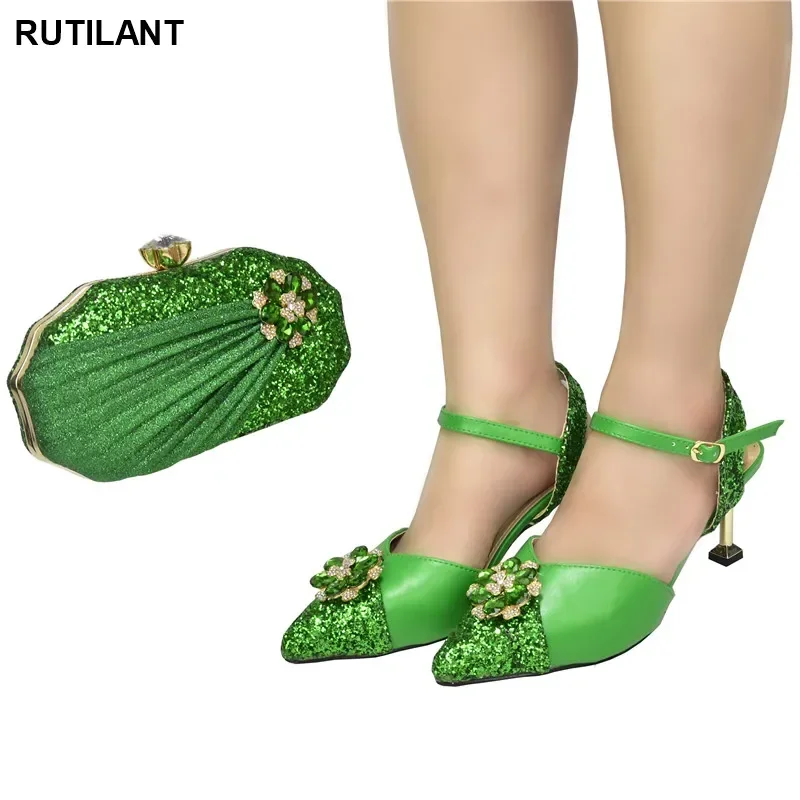 

Latest Design African Wedding Shoes and Bag Set Decorated with Rhinestone African Matching Shoes and Bags Italian In Women