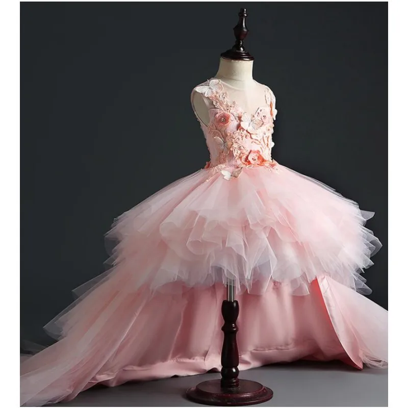 

Glizt Girl Wedding Party Flower Girl Dresses Pink Tulle Trailing Princess Gown Beaded Floral Girls Pageant First Communion Gown