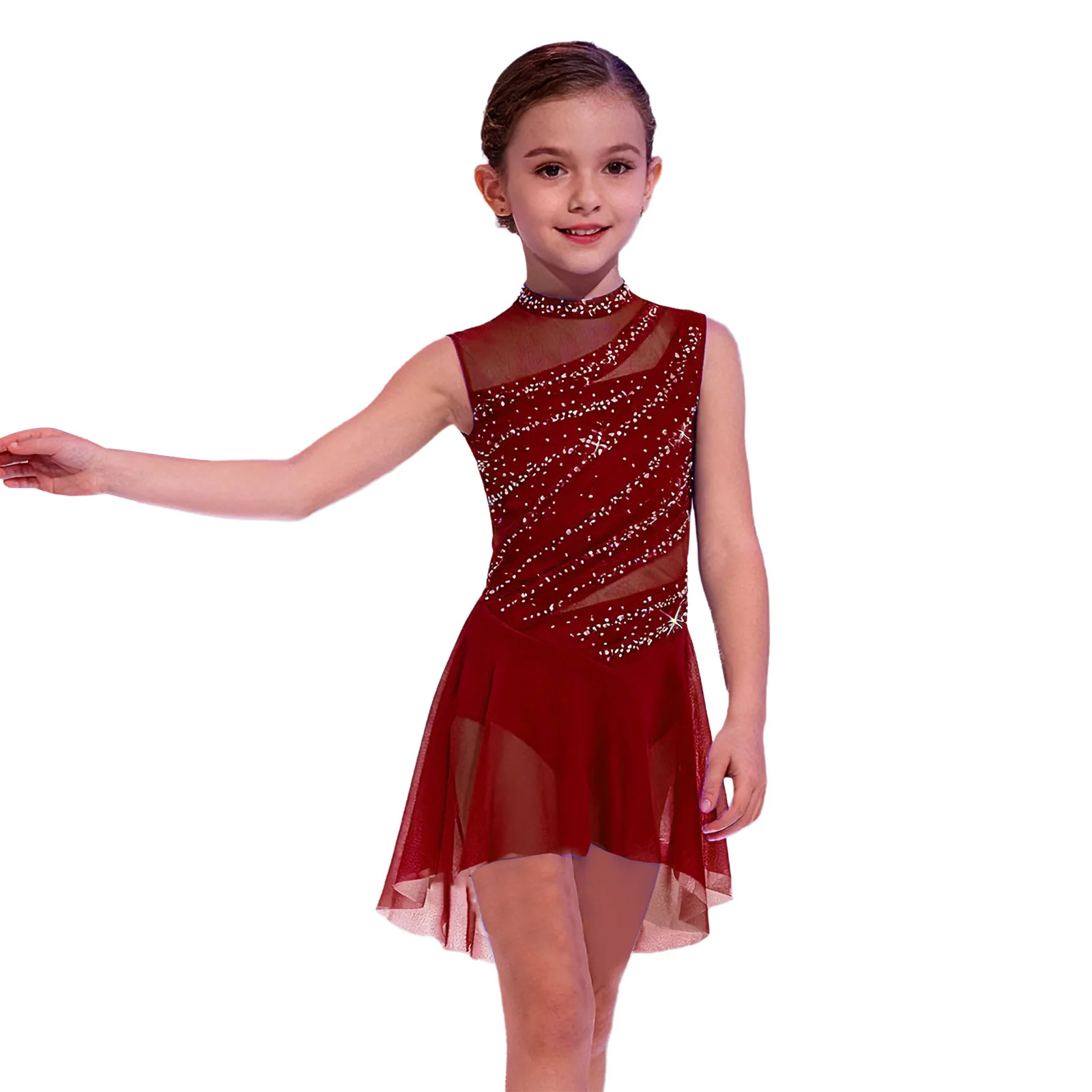 Mädchen Gymnastik-Ballett-Trikot Lyrisches Tanz-Performance-Kostüm Transparentes Netz Gerafftes Glänzendes Strass-Eiskunstlaufkleid – Detail 12