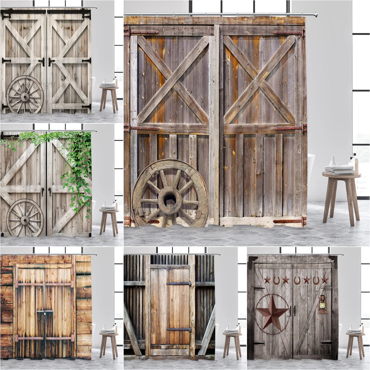 

Винтажная деревянная дверь, занавеска для душа, дверь фермы, сарая, деревенские доски, растения, зеленые листья, колеса, Полиэстеровая ткань, набор для декора ванной комнаты
