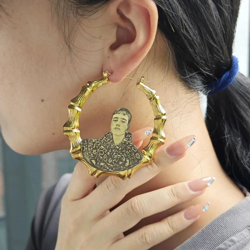 2023 Personalize Photo Bamboo Hoop Earring Custom Engraving Picture Portrait Earring For Women Anniversary Jewelry Gifts