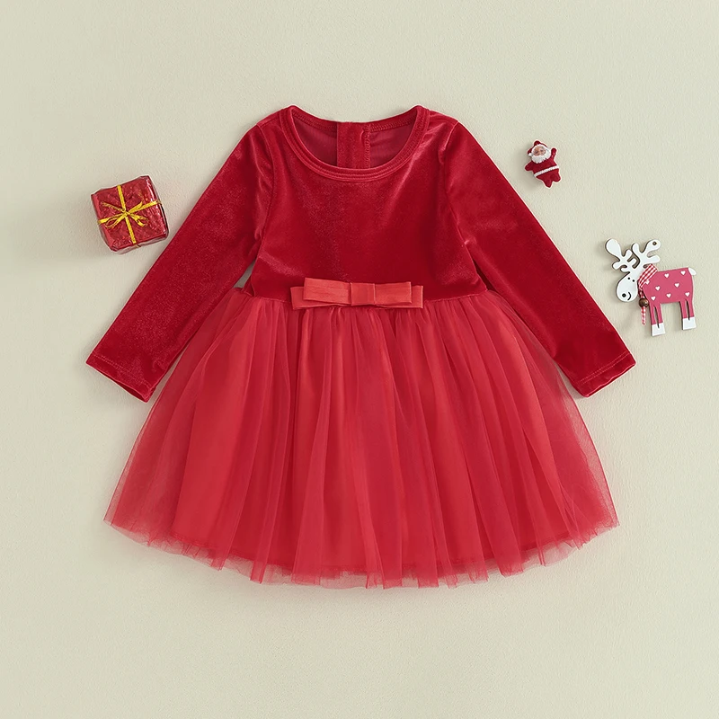 

Christmas 6M-4Y Kids Girls Dress Clothes Velvet Dress Solid Color Layered Tulle Long Sleeve Dress Fall Winter Princess Dress