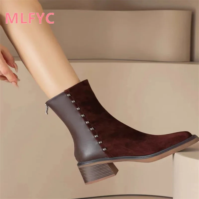 High Heel Short Boots Women's 2023 Autumn/Winter New Spliced Rivet Waterproof Platform Autumn/Winter High Heel Boots
