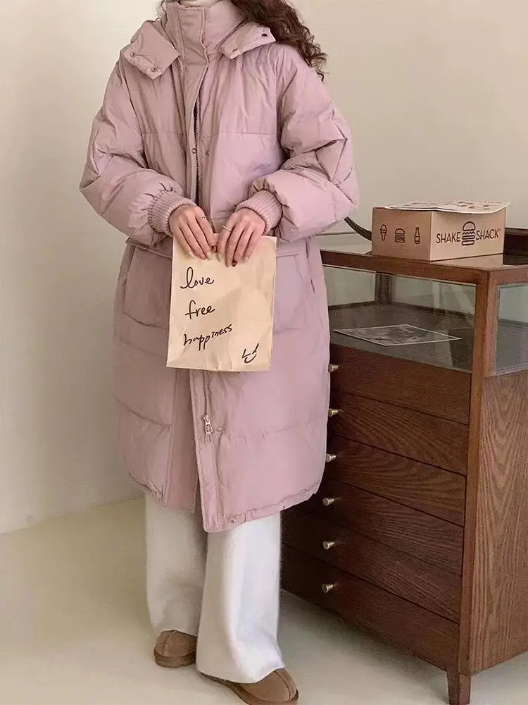 Oversize Women Clothing Down Jackets Warm Long Sleeve Hooded Long Parkas Outerwear Lace-up Down Coat Thick Big Pocket New