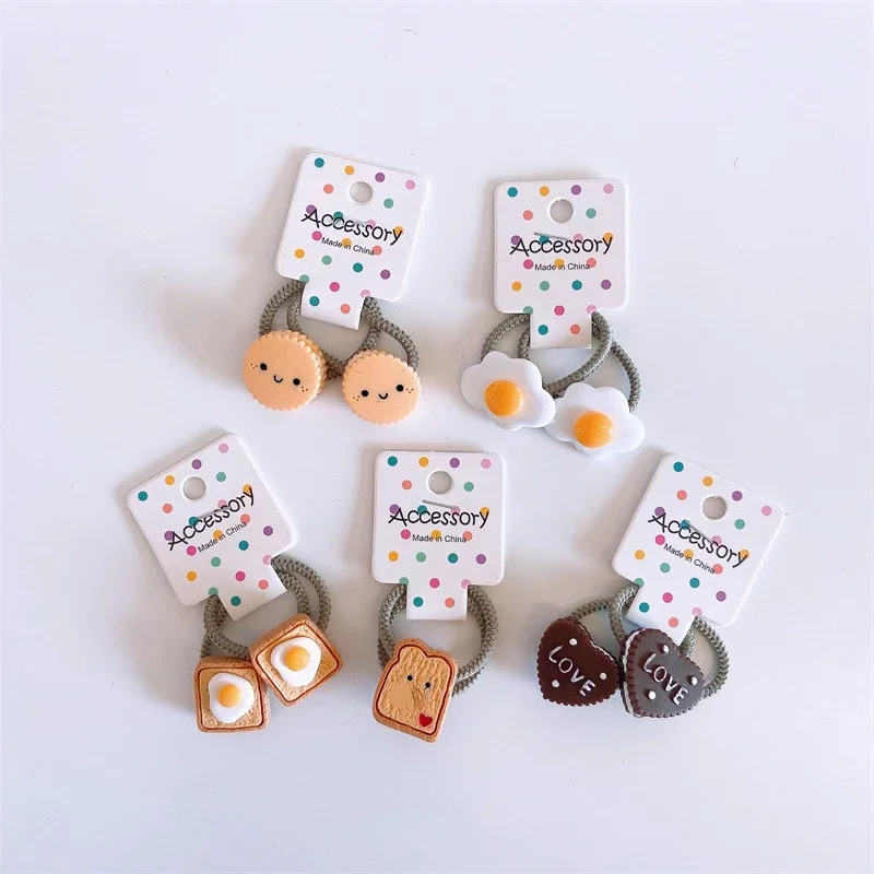 2pcs Cute Baby Hair Bands Cartoon Egg Toast Mini Elastic Hair Ring Rope for Little Girls Baby Small Kids Accessoires