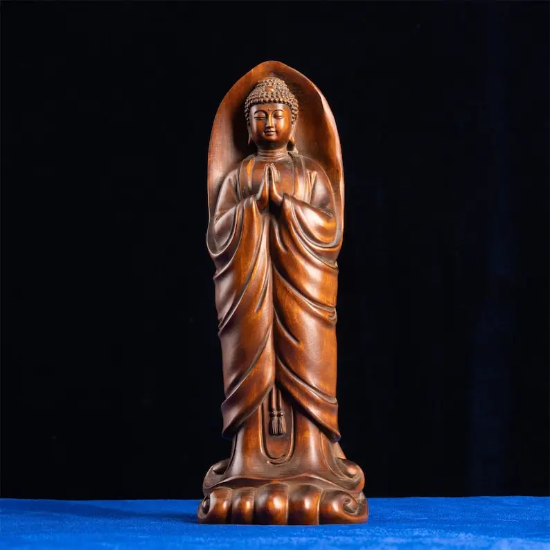 

Chinese Ancient Natural Wood Retro Shakyamuni Buddha Statue, Home Decor Sculpture, Praying for Blessings, Garden Statues