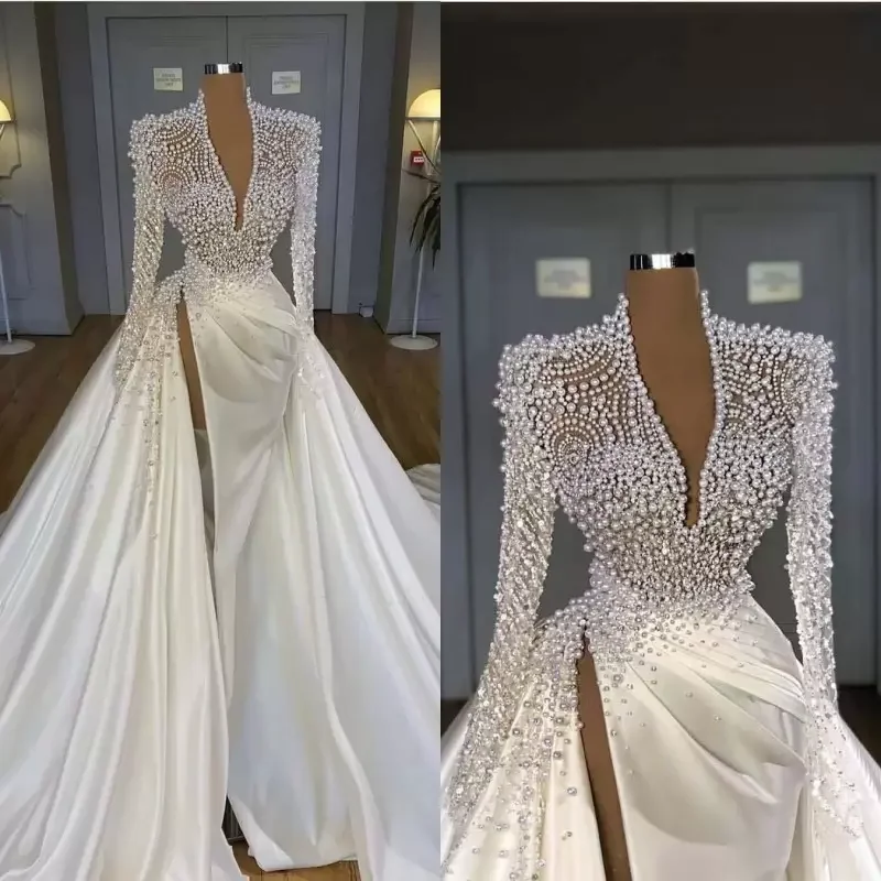 

Plus Size Pearls Mermaid Wedding Dresses Bridal Gowns V Neck Long Sleeve High Side Split Robe