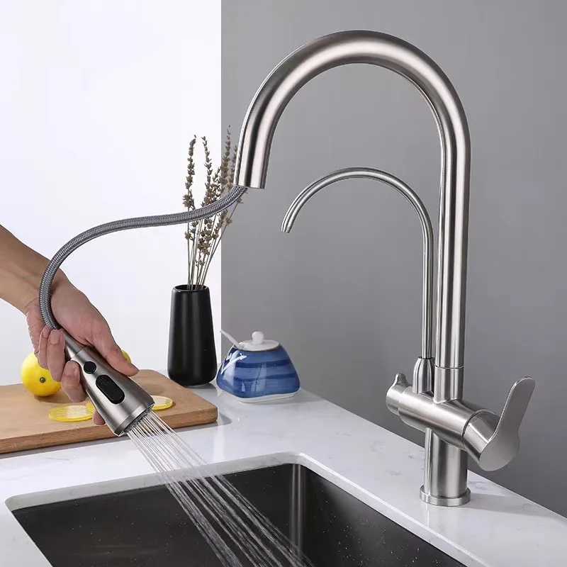 

304 stainless steel kitchen draw-type three-in-one wiredrawing faucet cold and hot purified water direct drinking vegetable basi