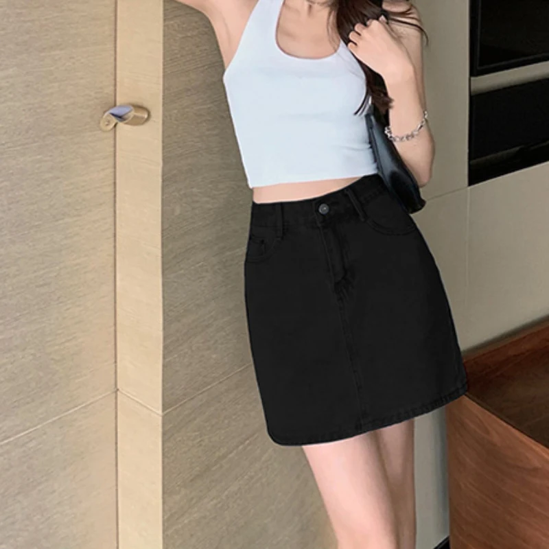 JMPRS High Waist Women Denim Skirt Summer A Line Girls Korean Mini Skirt Casual Black Slim Pocket Solid Simple Jeans Skirt plaid skirt