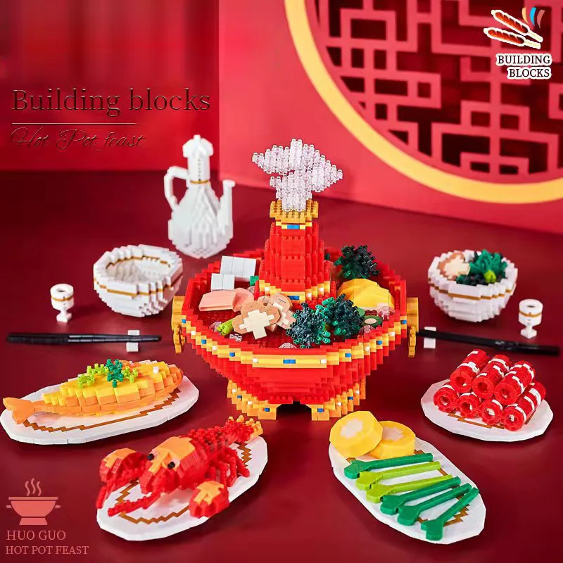 

China Delicious Food Micro Diamond Block Party Chinese Beijing Cooking Hot Pot Set Lobster Meat Fish Build Brick Toy Nanobricks