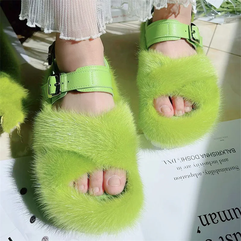 High Quality Furry Fur Sandals, Winter Women's Casual Warmth Mink Fur Slippers, Straight Lace Up, Home Lazy Sandals