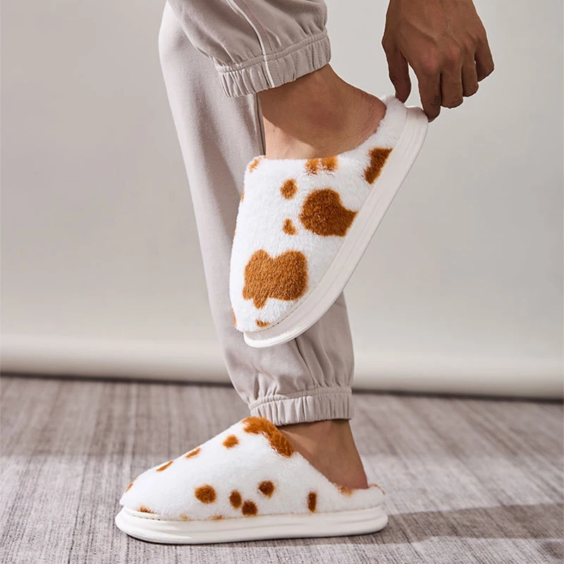 Cute Cow Spots Cotton Slippers for Women Round Toe Thick Sole Plush Slippers Woman Soft Faux Fur Warm Shoes Slides Female Winter