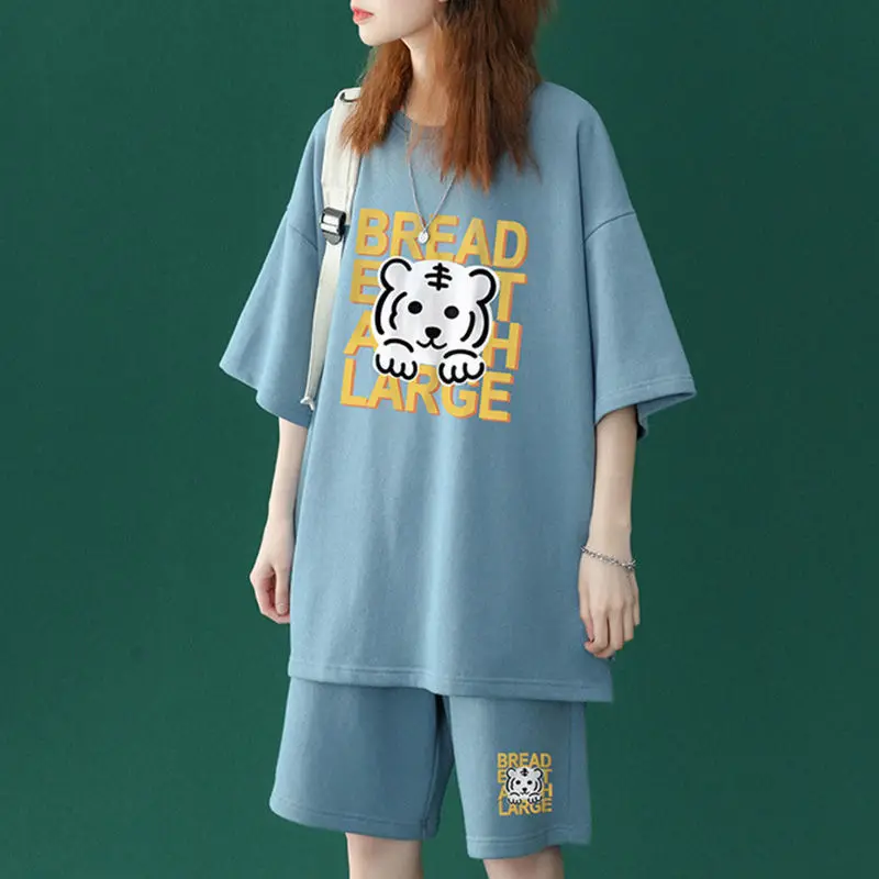Two Piece Personalized Street Hip Hop Sports Casual Short Sets Fashion Summer Women New Cartoon Loose Short Sleeve Top Suits 4XL